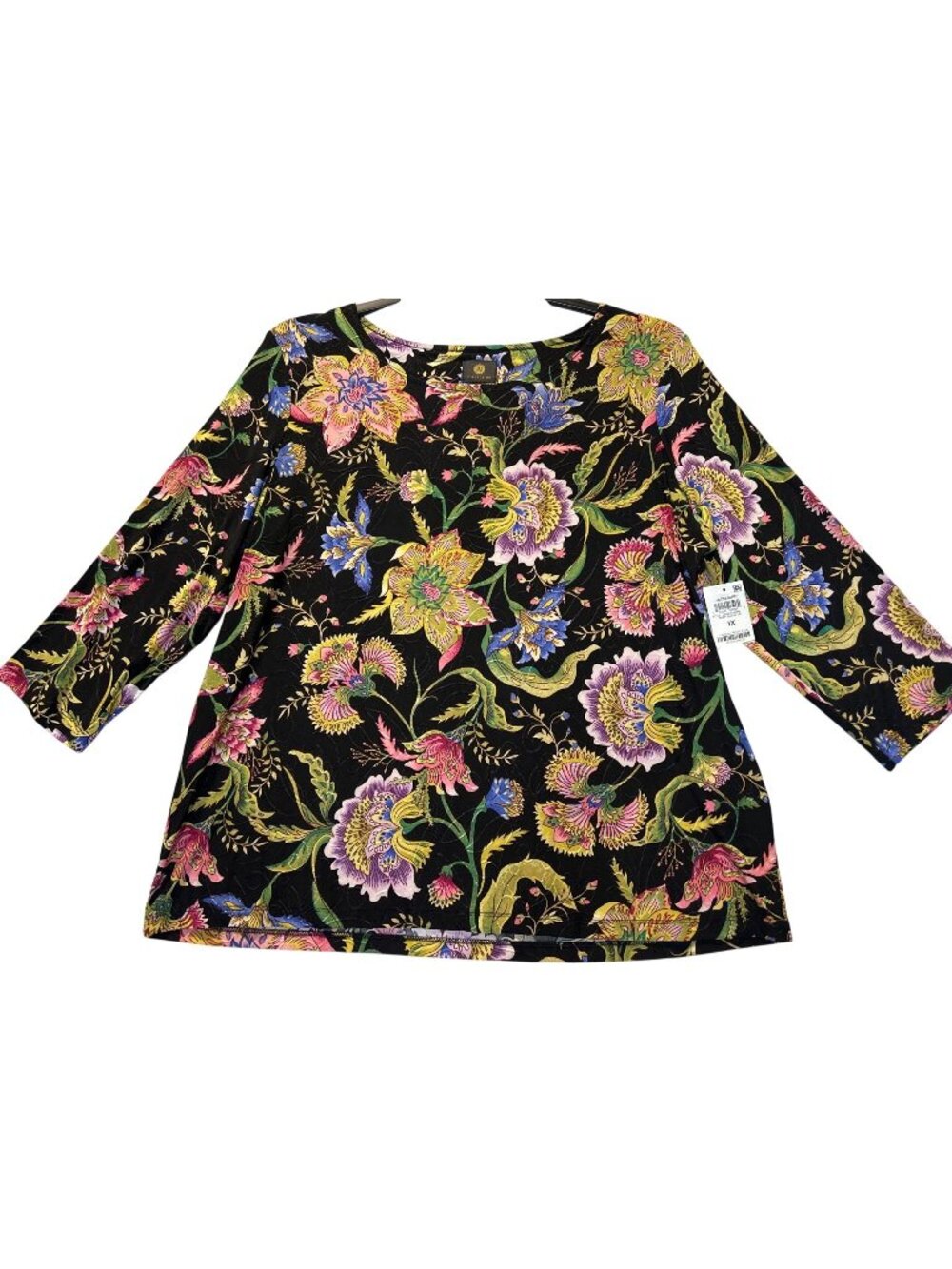 JM Collection Womens 1X Jacquard Floral Print 3/4 Sleeve Top In Deep Black